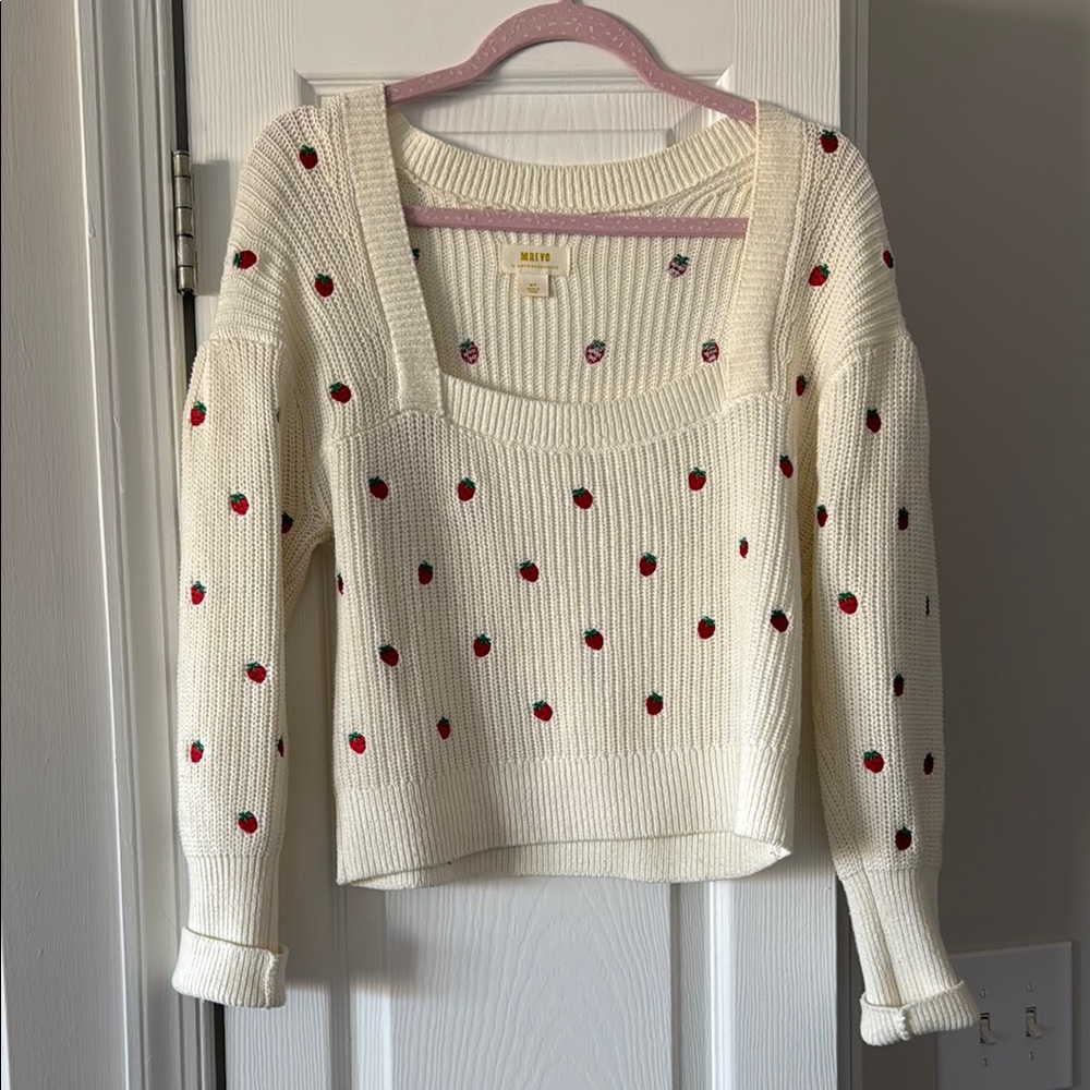 Midi White Strawberry Embroidered Square-Neck Sweater